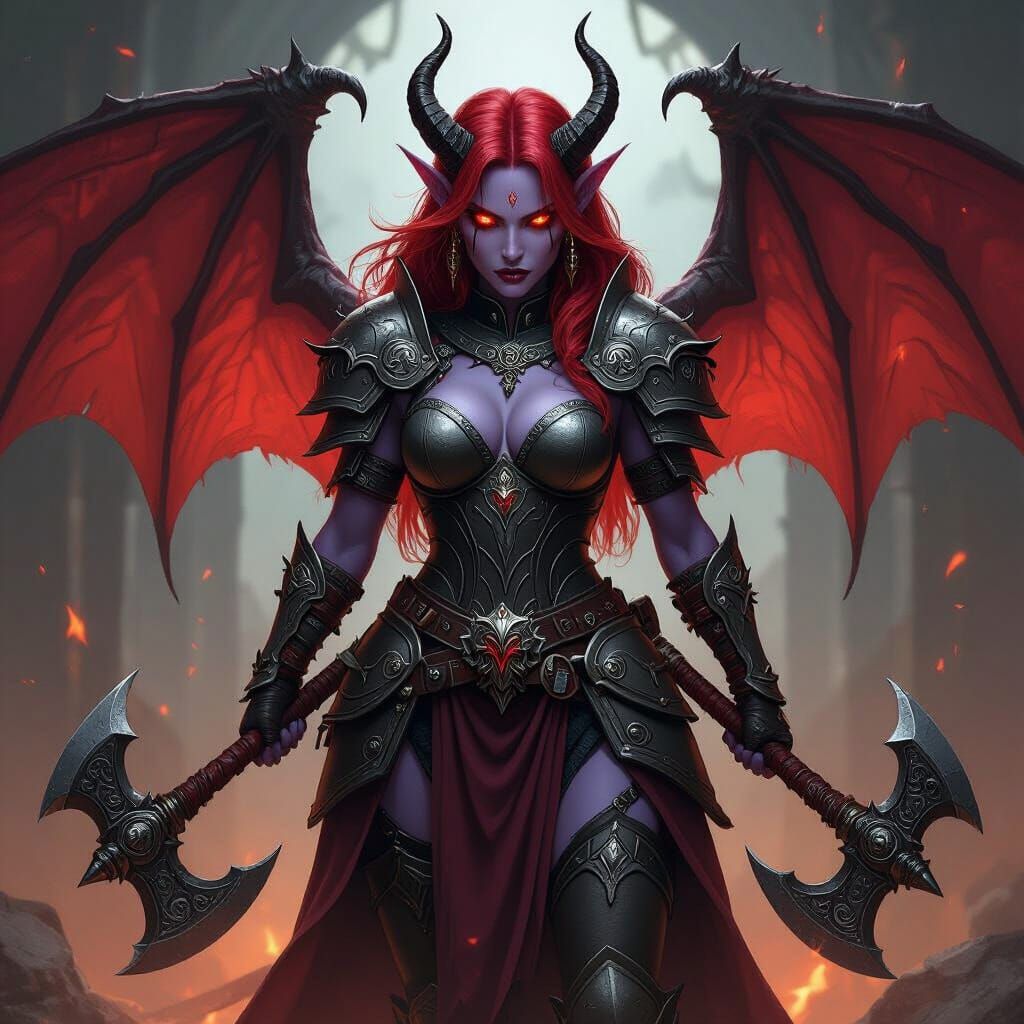 Purple Tiefling Fighter in Dwarven Armor with Erinyes Wings