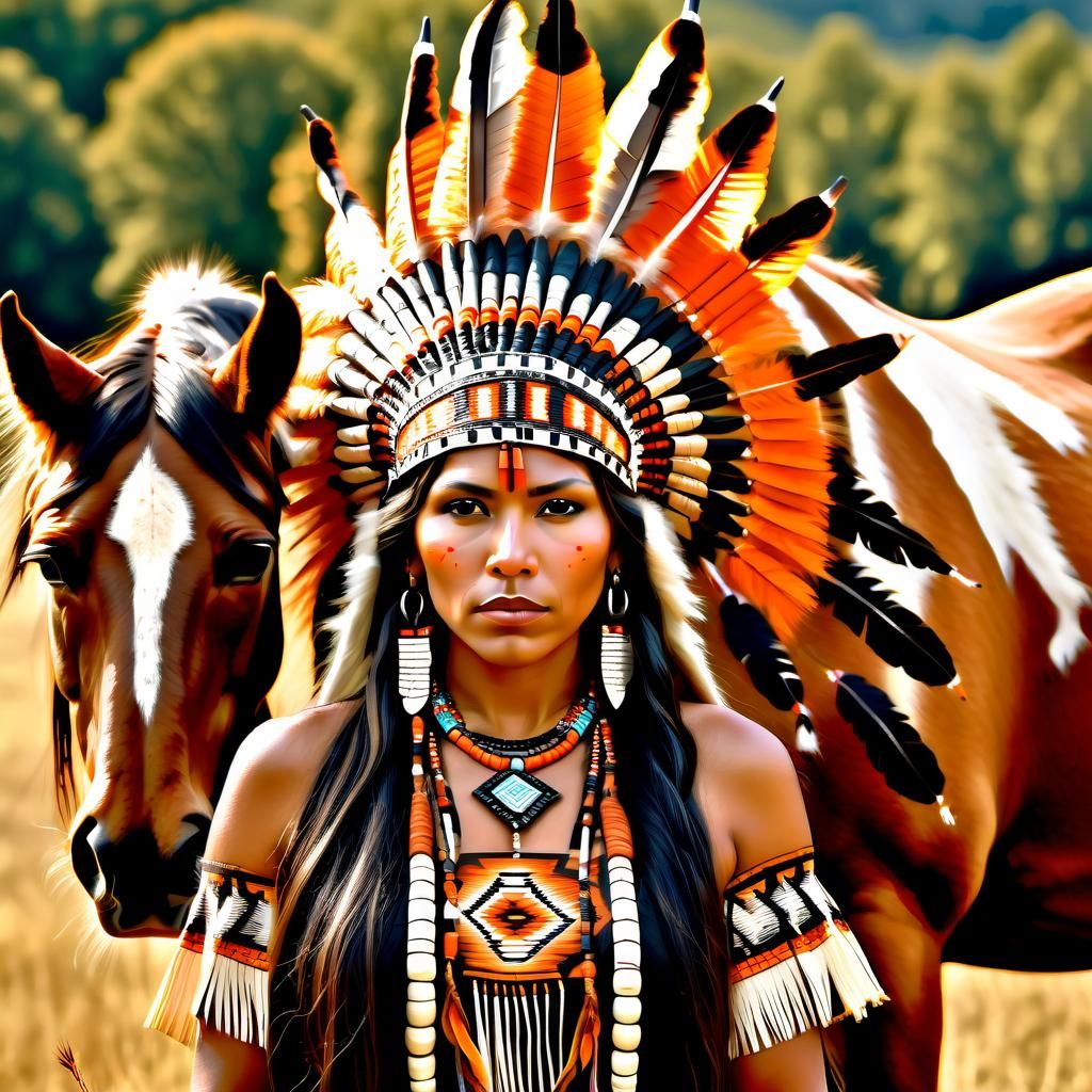 Native American Woman Portrait with Horses