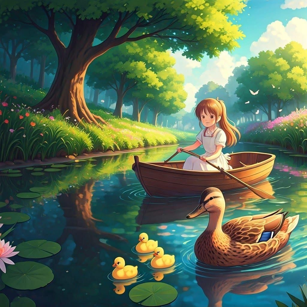 Girl Rowing Boat with Ducks: Studio Ghibli Style