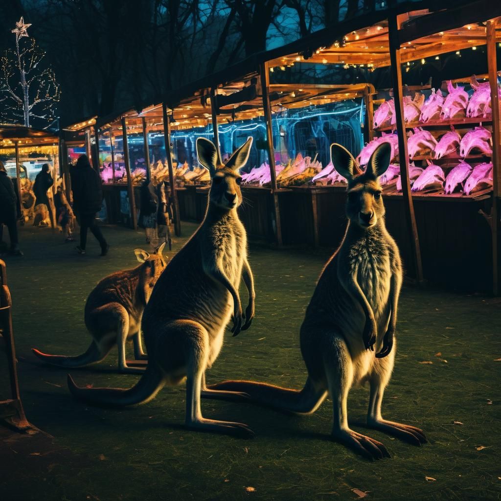 Kangaroos in Neon Lights at Christmas Market