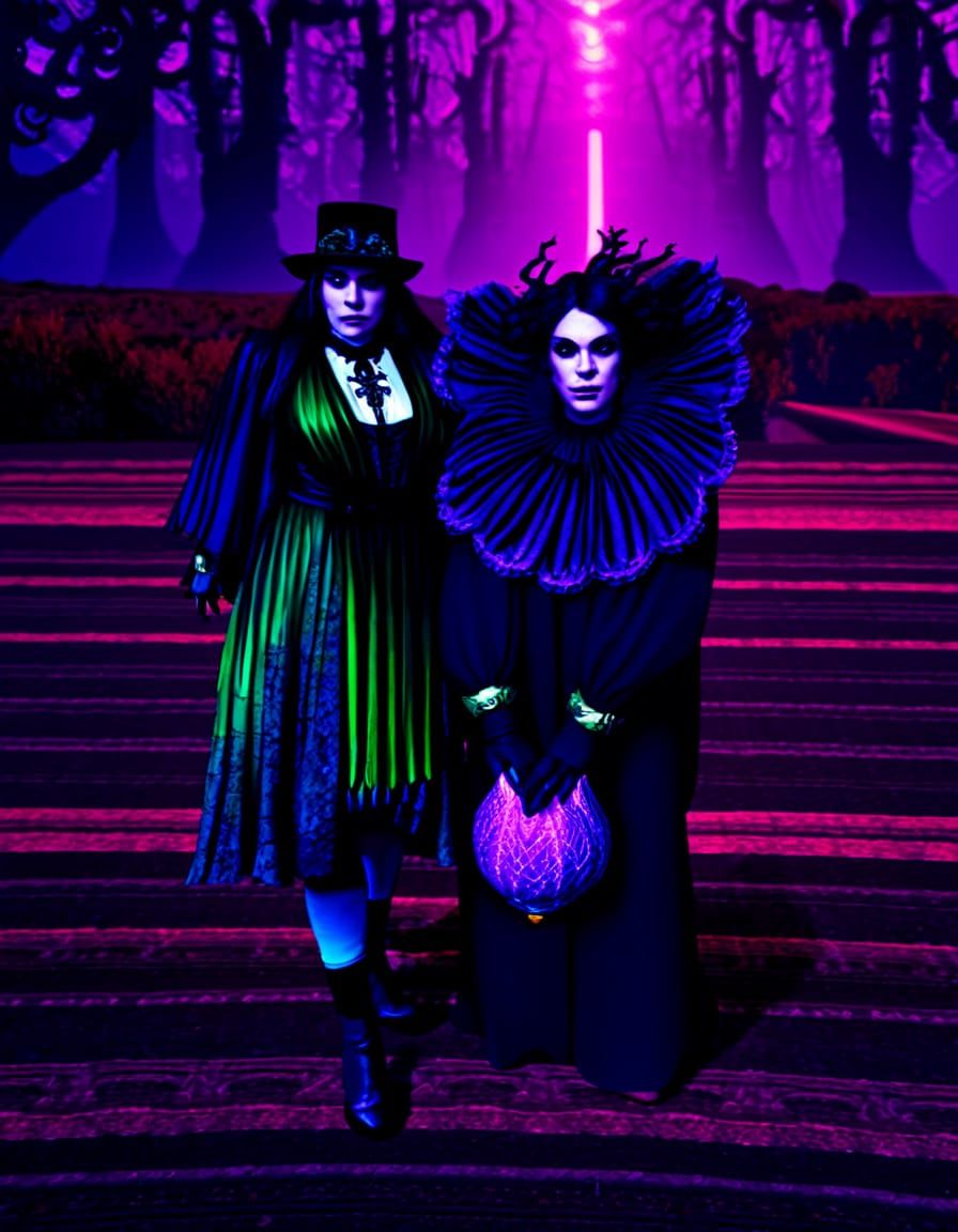 Lucy and Vampire in Dark Forest: Fantasy Illustration