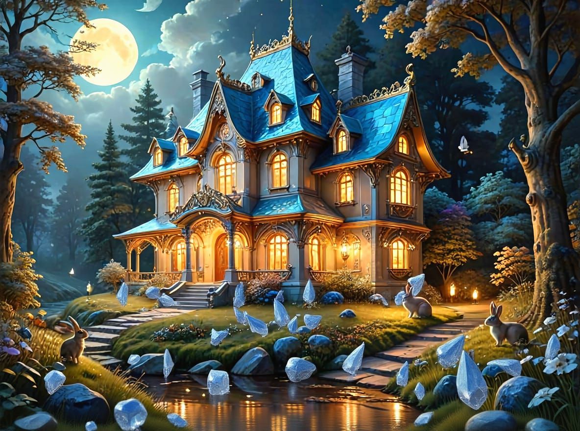 Precious Stone House in Moonlit Forest Clearing
