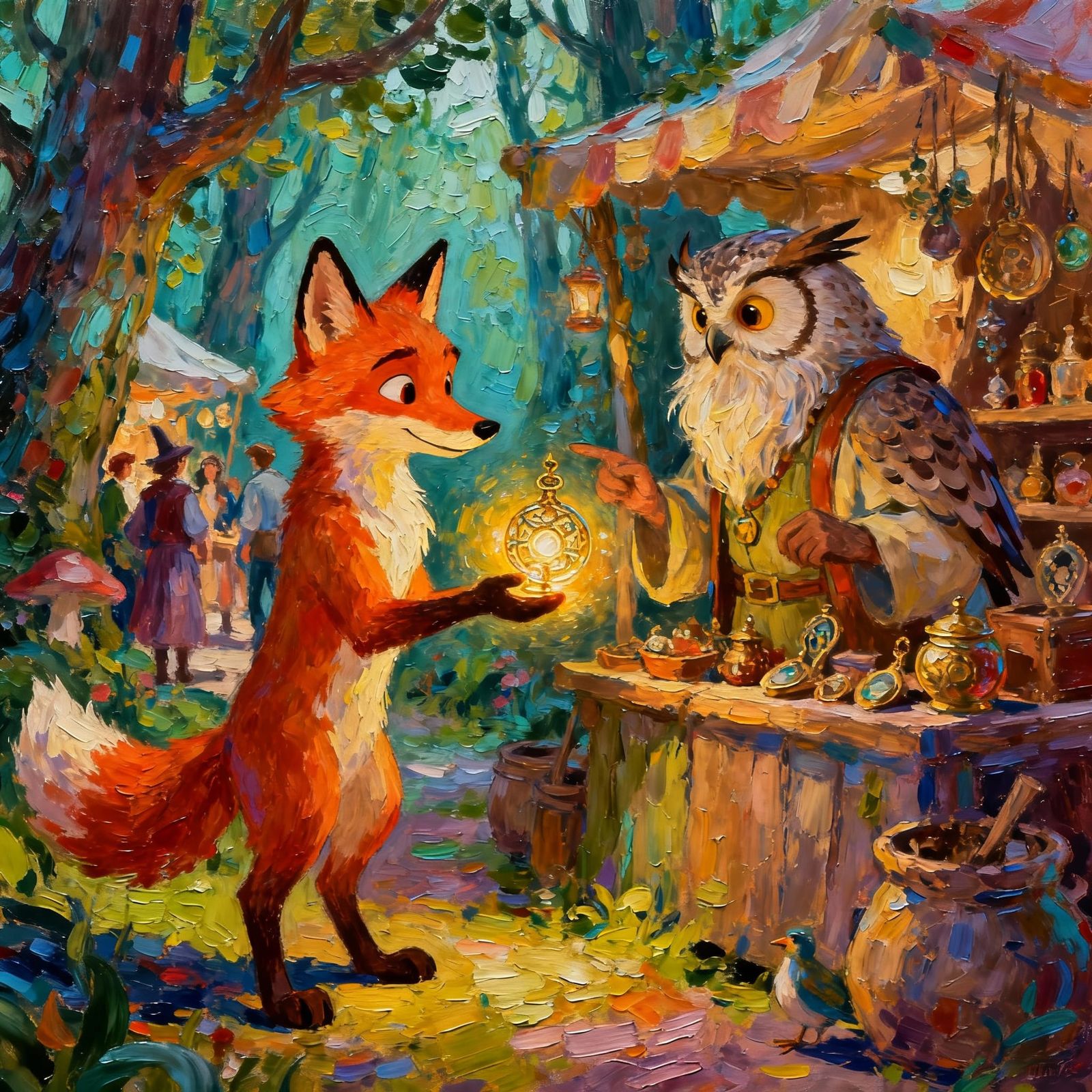 Whimsical Fox Haggles for Artifact in Enchanted Forest