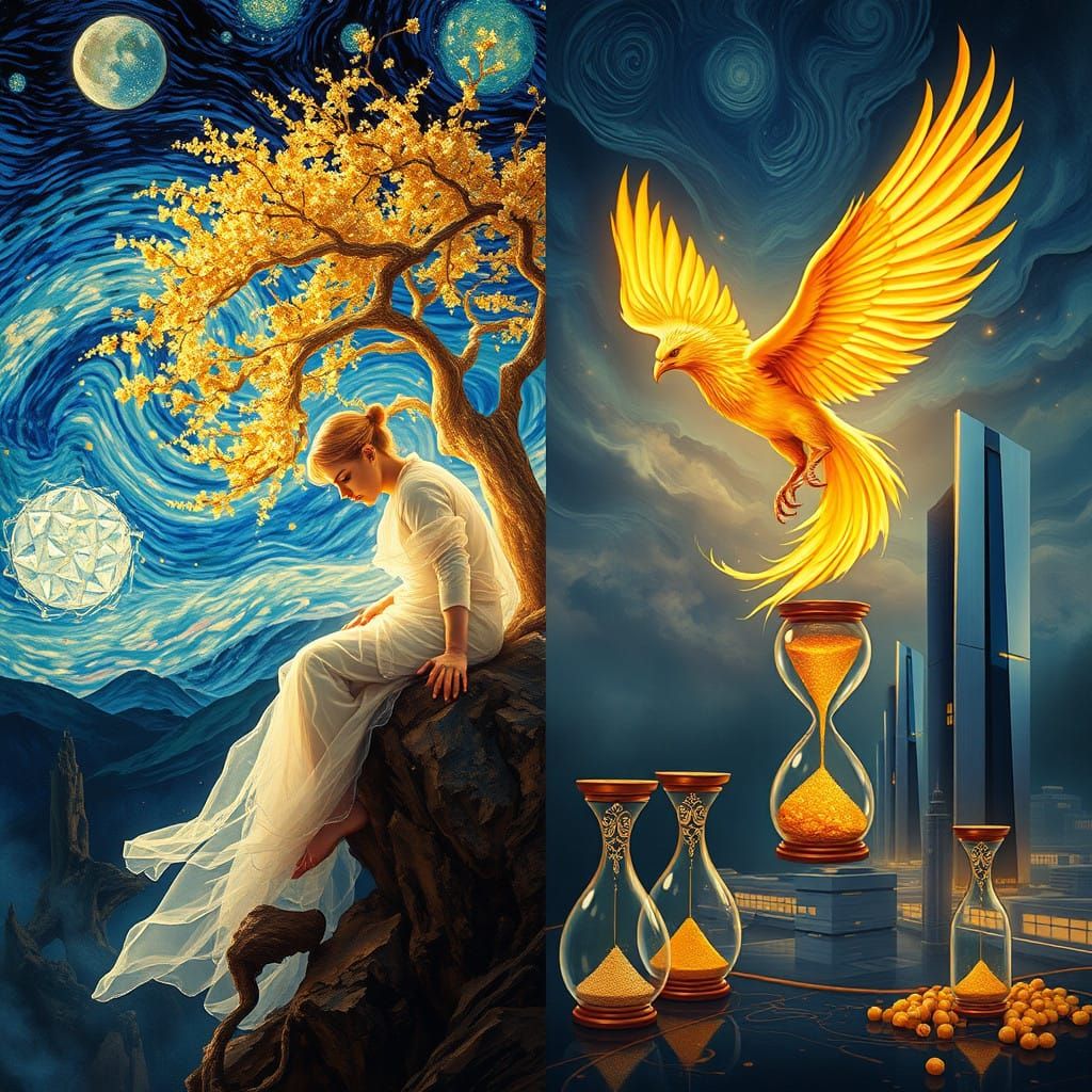 A luminous figure sits on a precipice, their form echoing th...