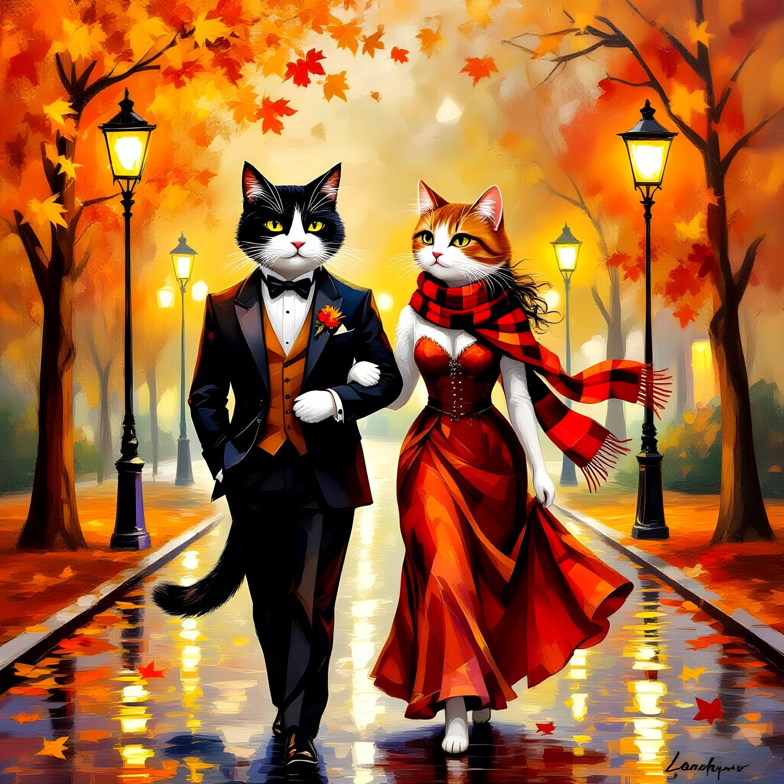 Anthropomorphic Cats on Autumn Date Night as Impasto Paintin...
