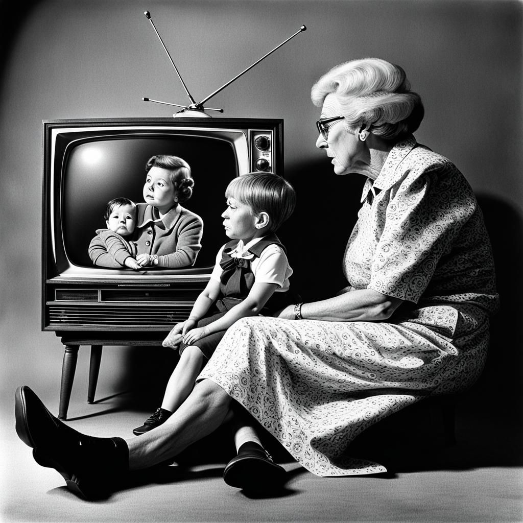 Child and Grandmother Watching 1960s TV in Hyperrealism