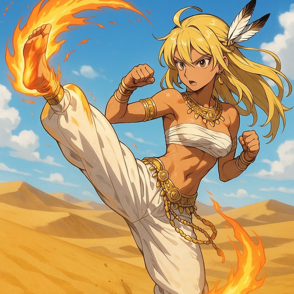 Anime Desert Warrior in Regal Attire Strikes a Powerful Kick