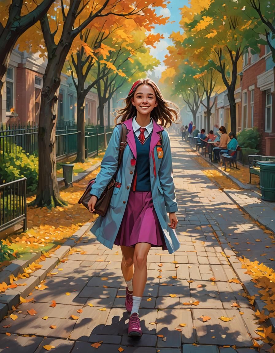 Joyful Schoolgirl in Park: Modern Concept Art
