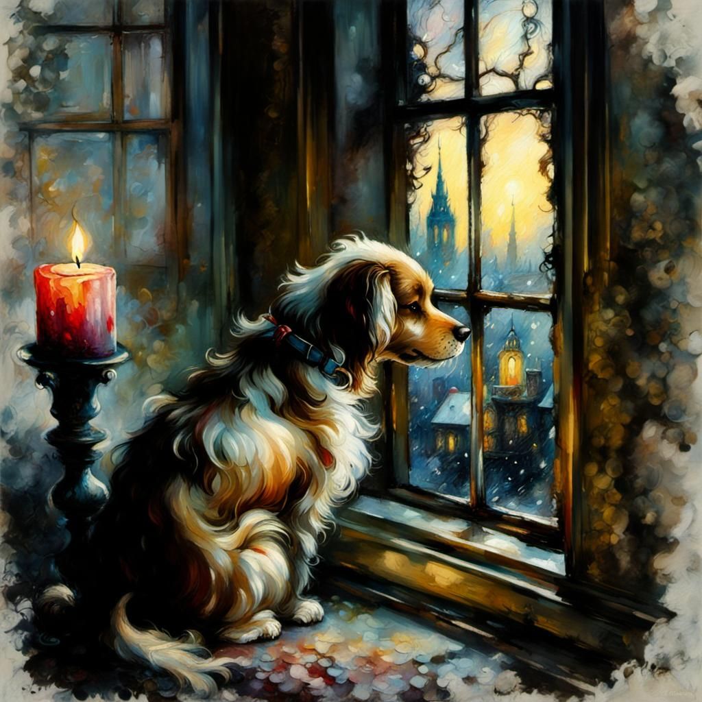 Dog Gazing Out Window in Arthur Rackham Style