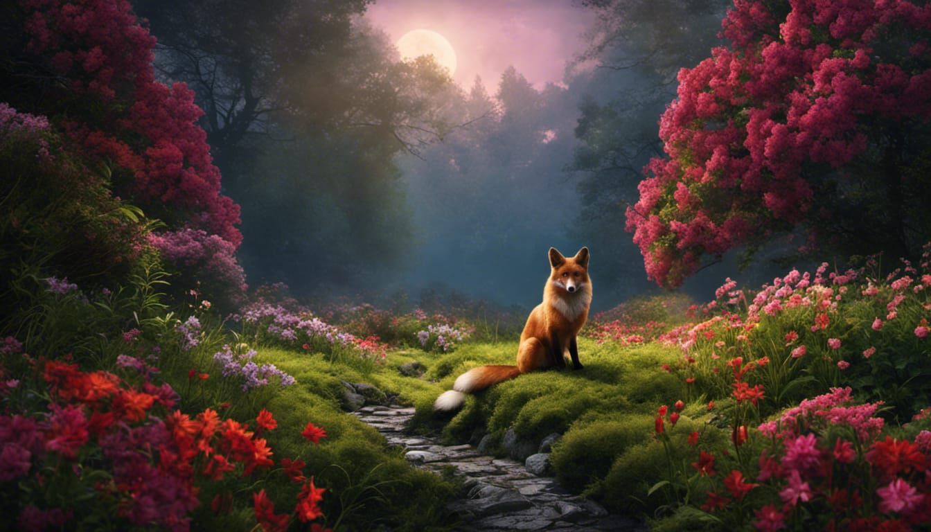 Magical Fox in Film Noir Style with Flowers