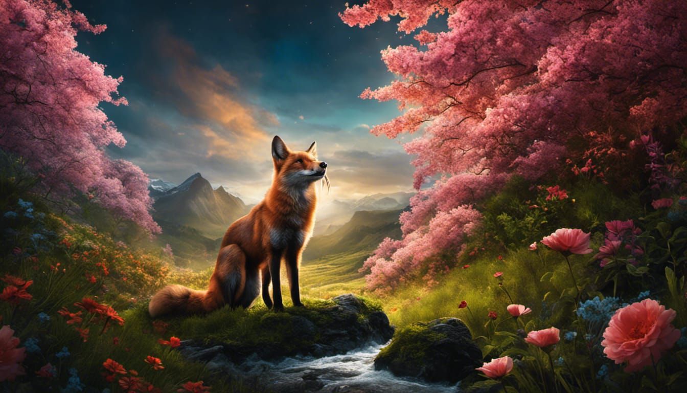 Magical Fox with Flowers in Film Noir Style