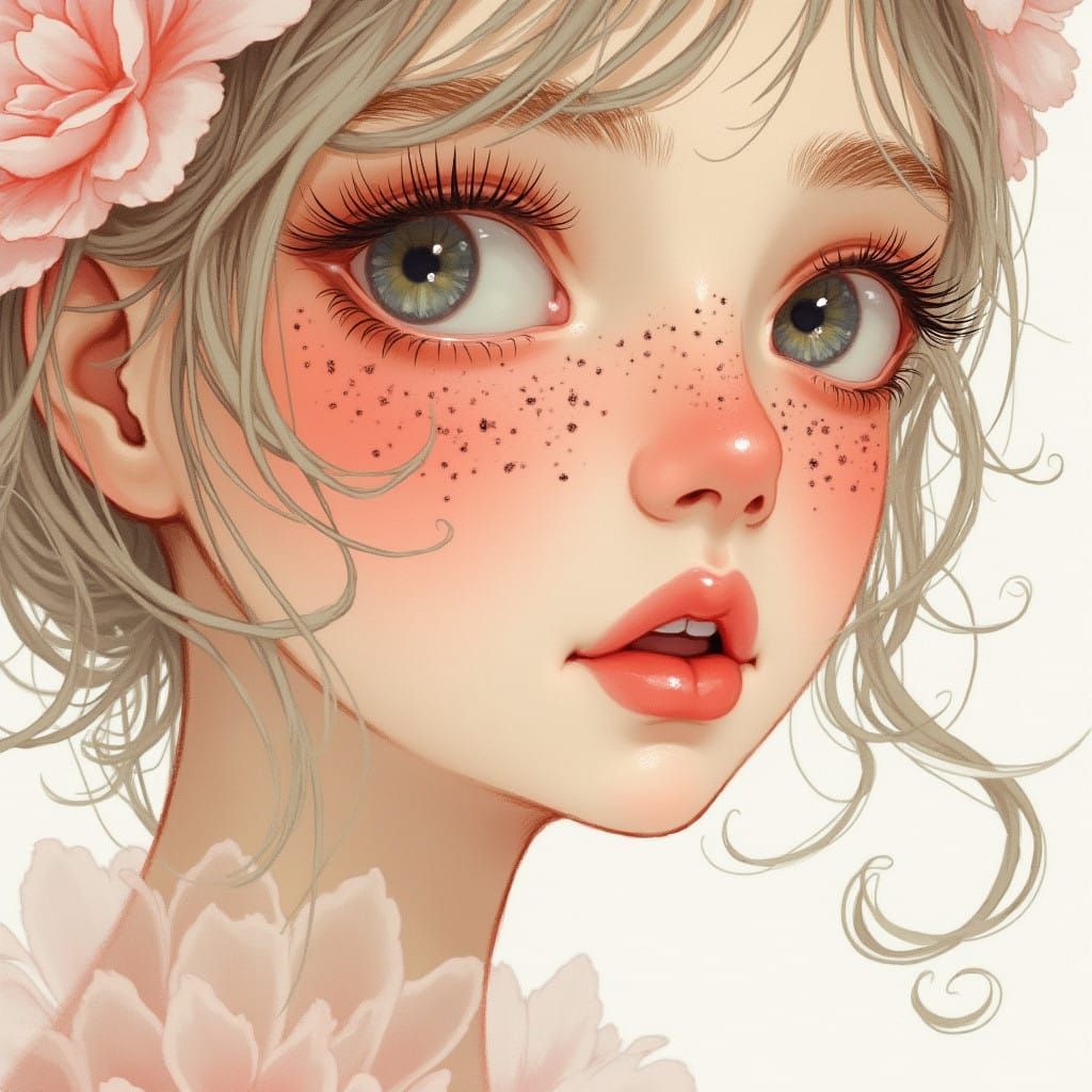 Whimsical Freckled Beauty in Watercolor Style