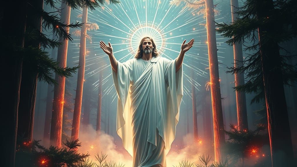 Jesus in Neon Forest: Dark Fantasy Art Nouveau