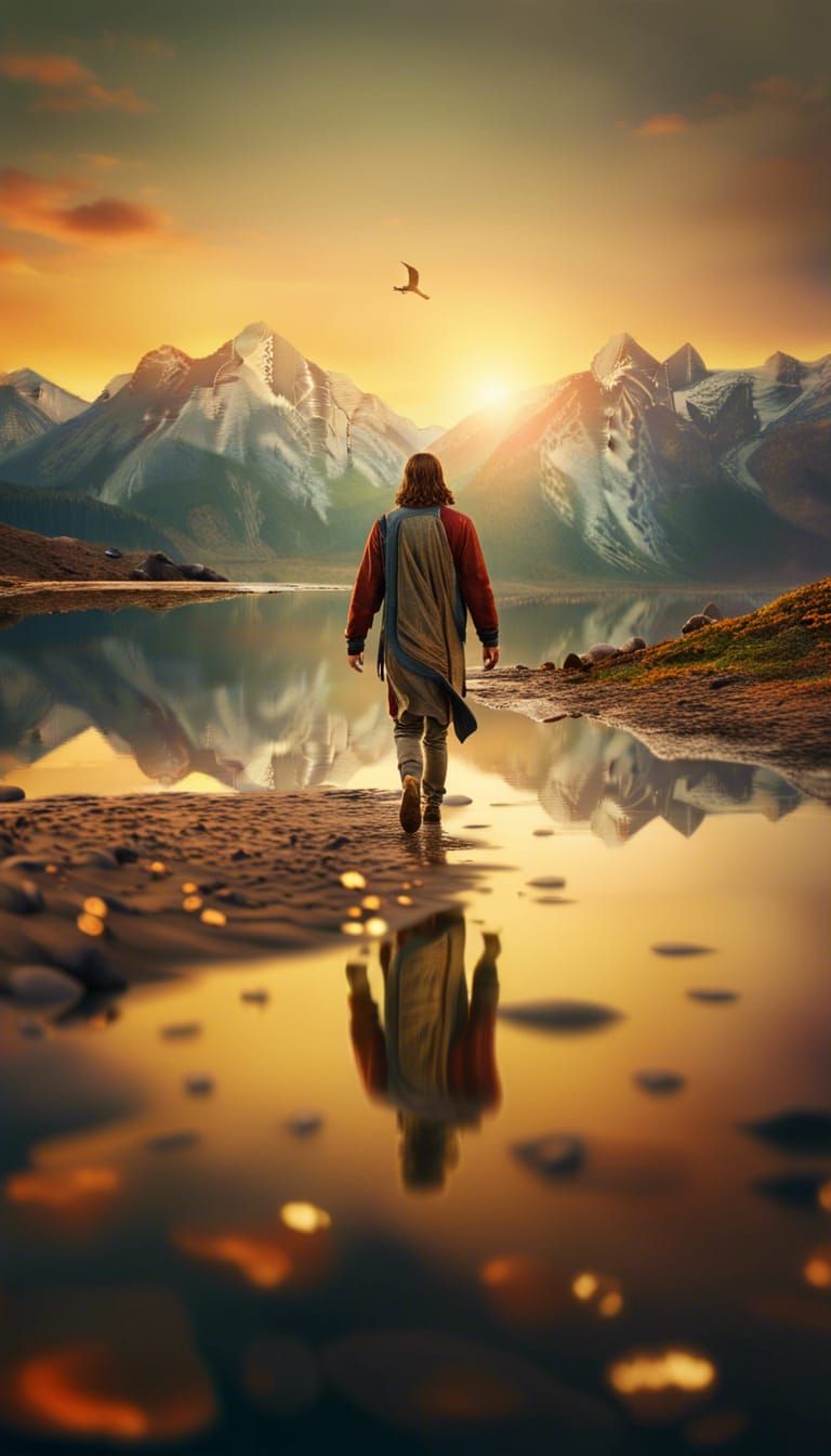 Jesus Reflection: Man Walks on Water, Photorealistic HDR