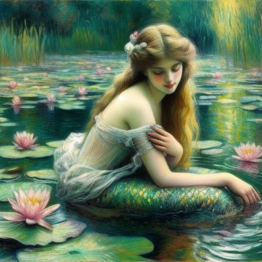 Mermaid in Water Lily Pond, Pre-Raphaelite Style