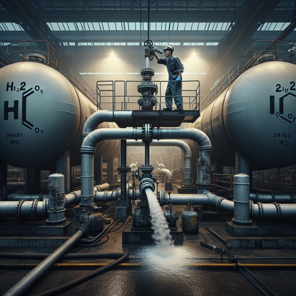Industrial Scene: Man Pumping Water in Factory