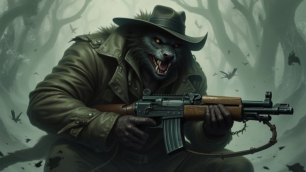 Gothic Horror Wolfman in Trenchcoat with Bolt-Action Rifle