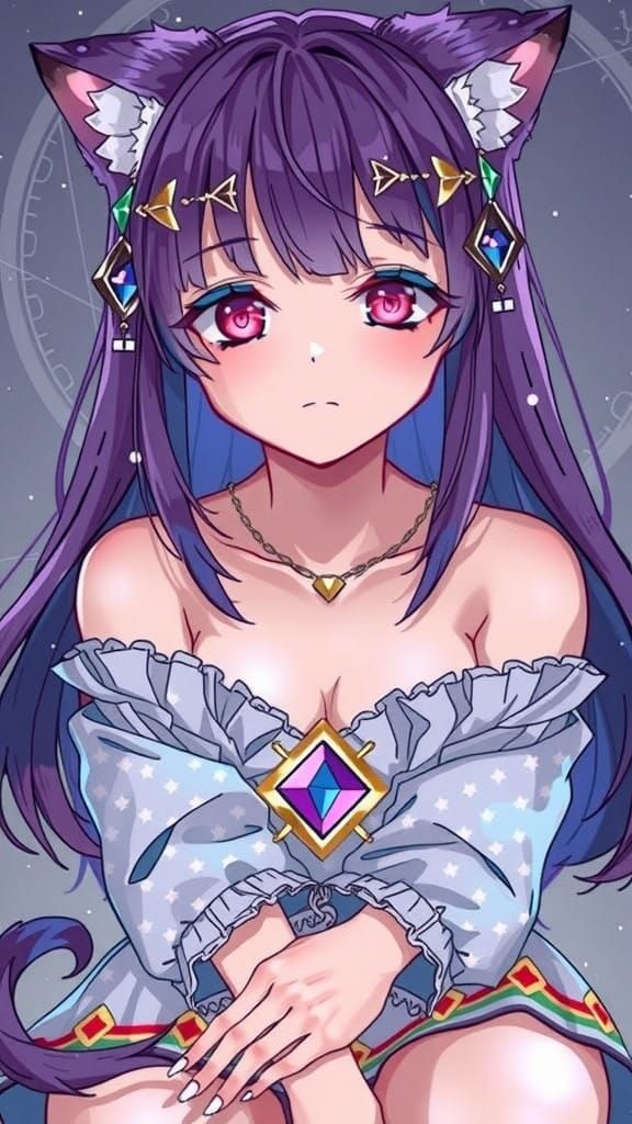 Ethereal Anime Goddess with Plum Eyes and Hair, Delicate Cat...