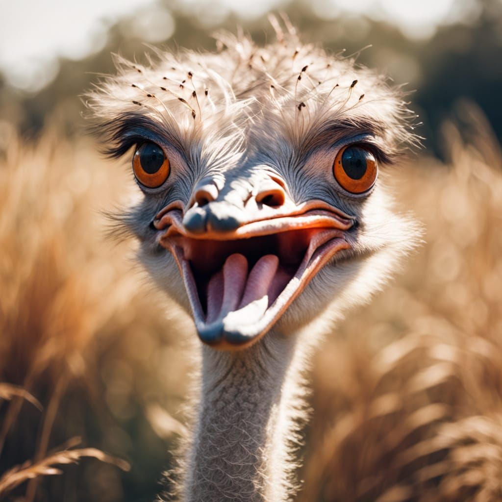 Vibrant Ostrich Portrait in Whimsical Savanna Landscape
