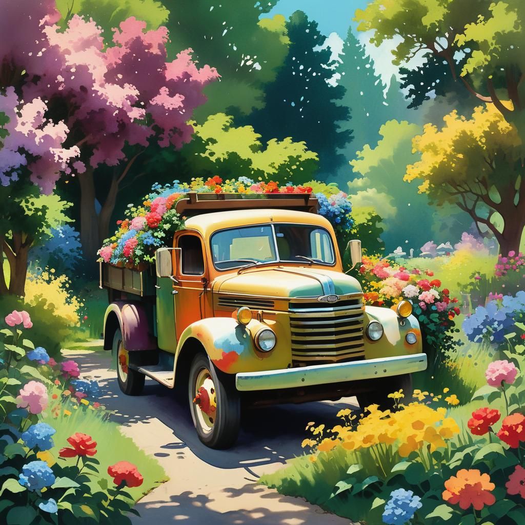 Vintage Flower Truck in Impressionist Gouache Style