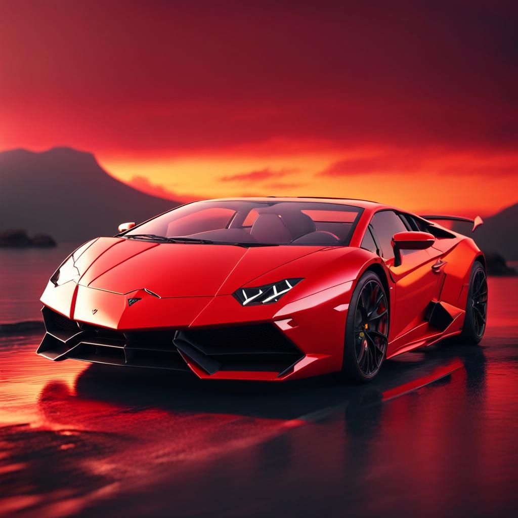Red Lamborghini at Sunset in Hyperrealistic Splash Art