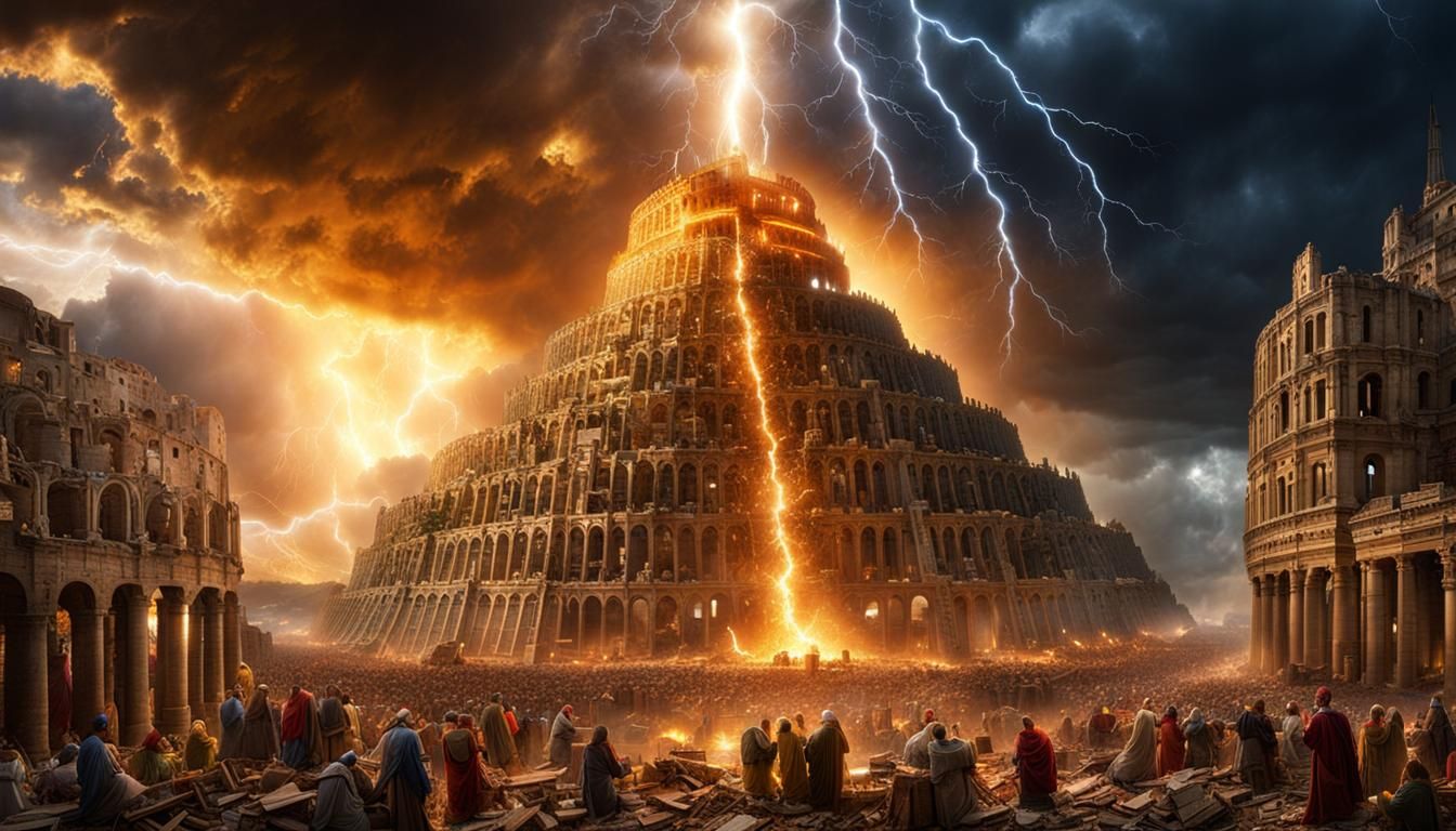 Tower of Babel Destruction with Godrays and Lightning