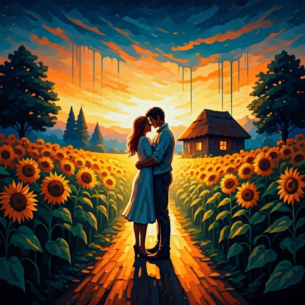 Joyful Couple in Vibrant Sunflower Field, Dripping Paint Sty...