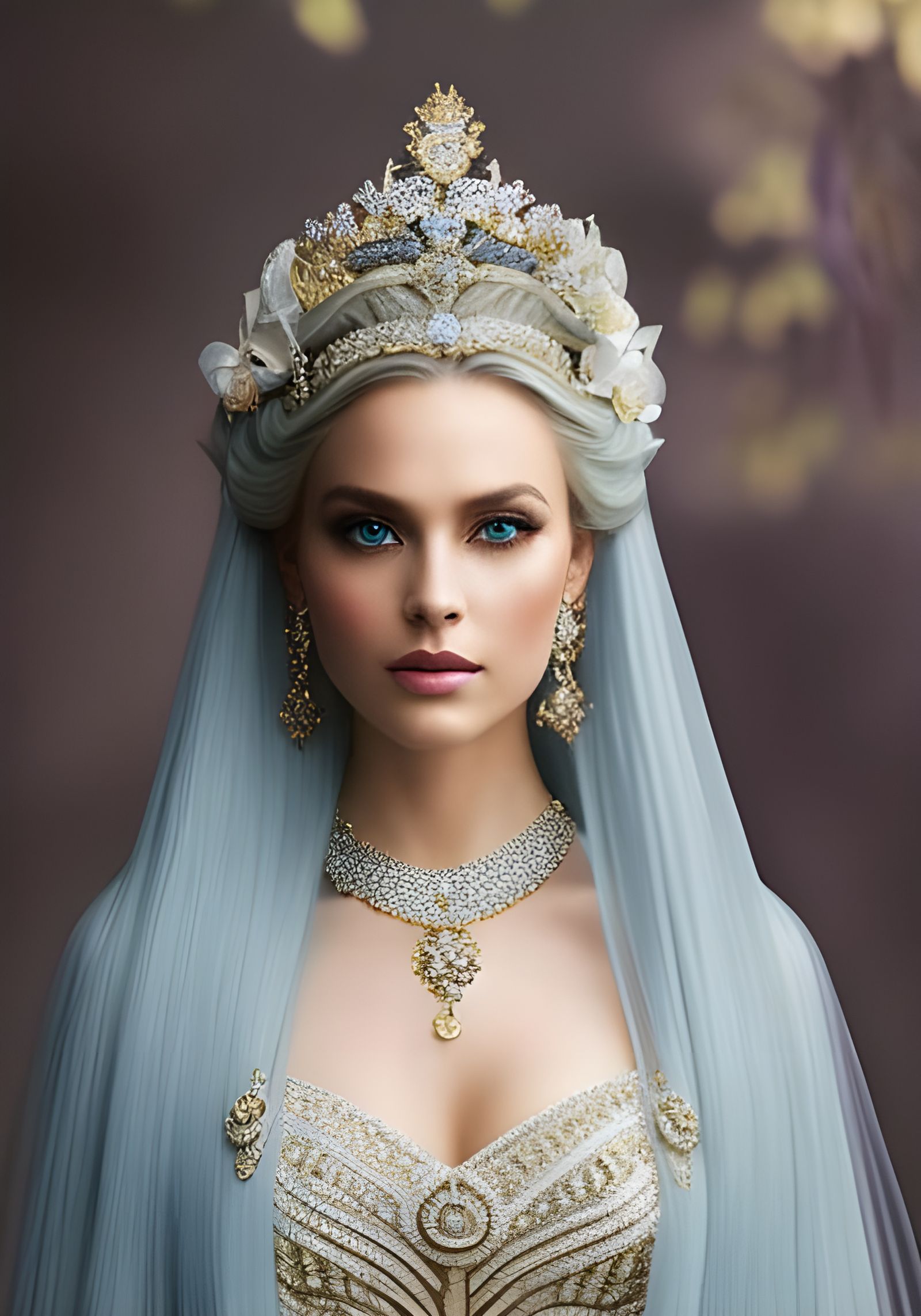 Icy Blue-Eyed Queen Portrait in Art Nouveau Style