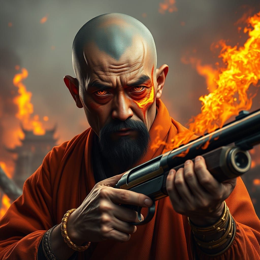 Epic Chinese Warrior with Burn Scars and Fire Eyes, Holding...