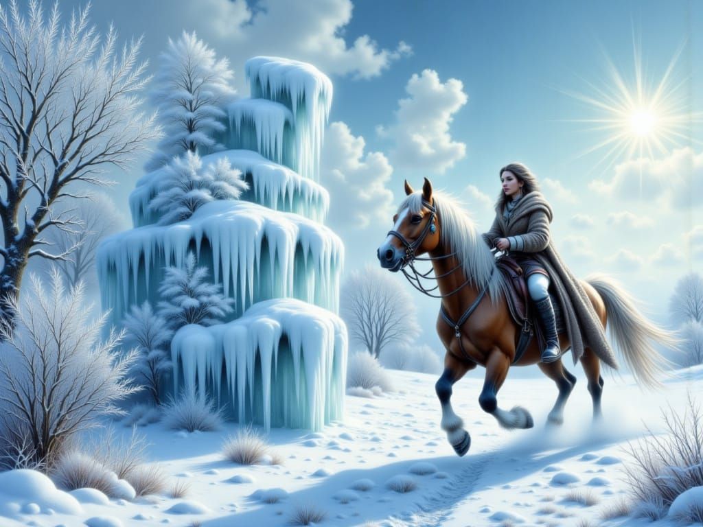 Medieval Woman Jumps Horse Over Ice Obstacle in Snowy Landsc...