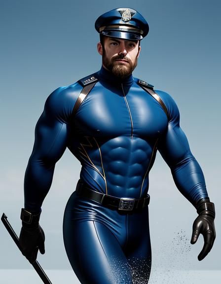 Handsome Cop in Skintight Blue Bodysuit: Digital Matte Paint...