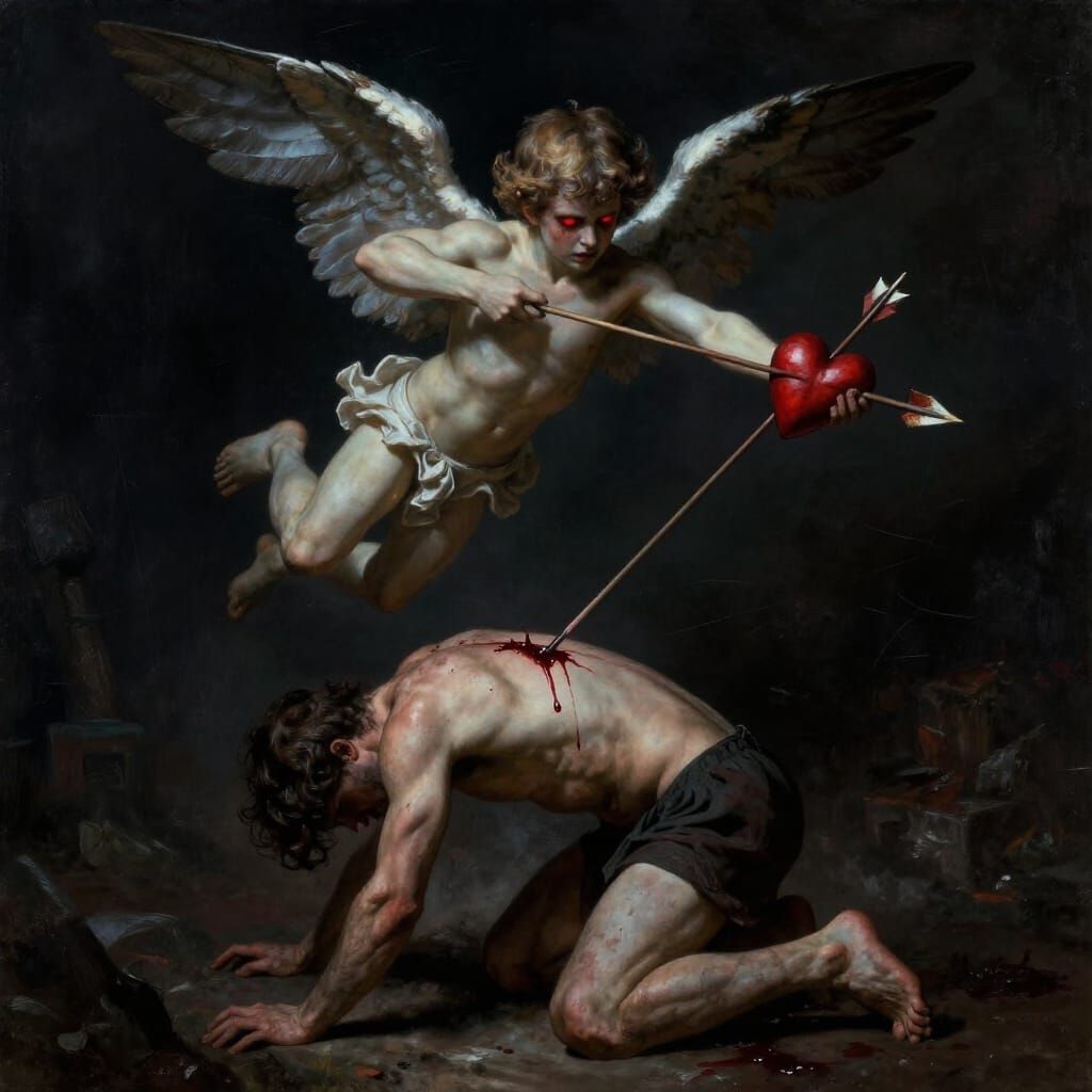 Winged Cupid Pierces Man with Heart Arrow in Dark Style