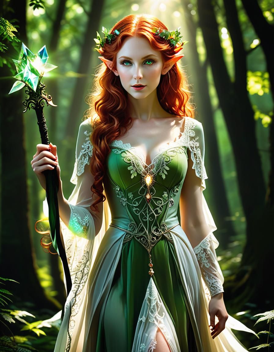 Ethereal Elf High Priestess in Forest Setting