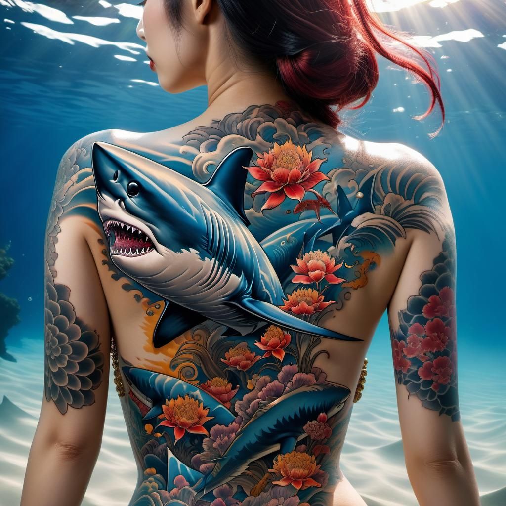 Japanese-Style Shark Tattoo Art: Ornate and Detailed