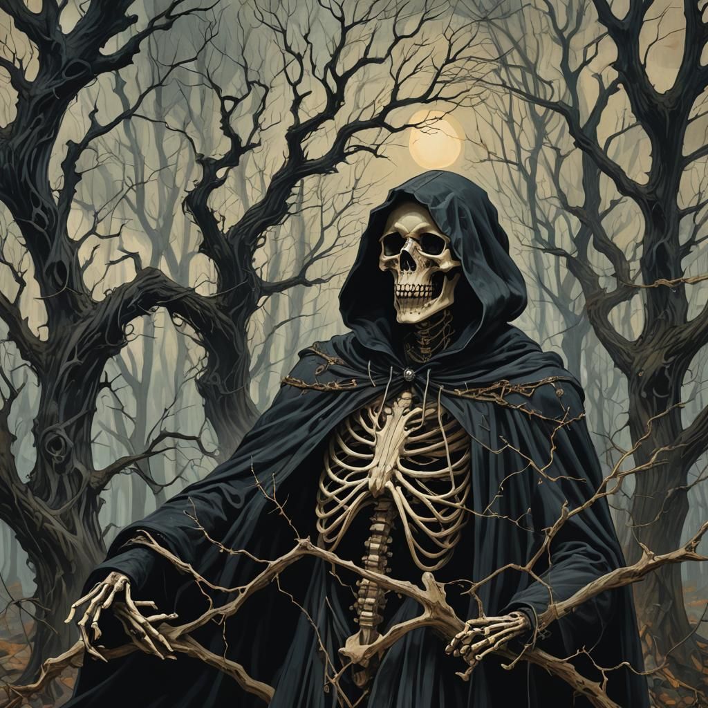 Surreal Death Tarot Card in Gothic Forest