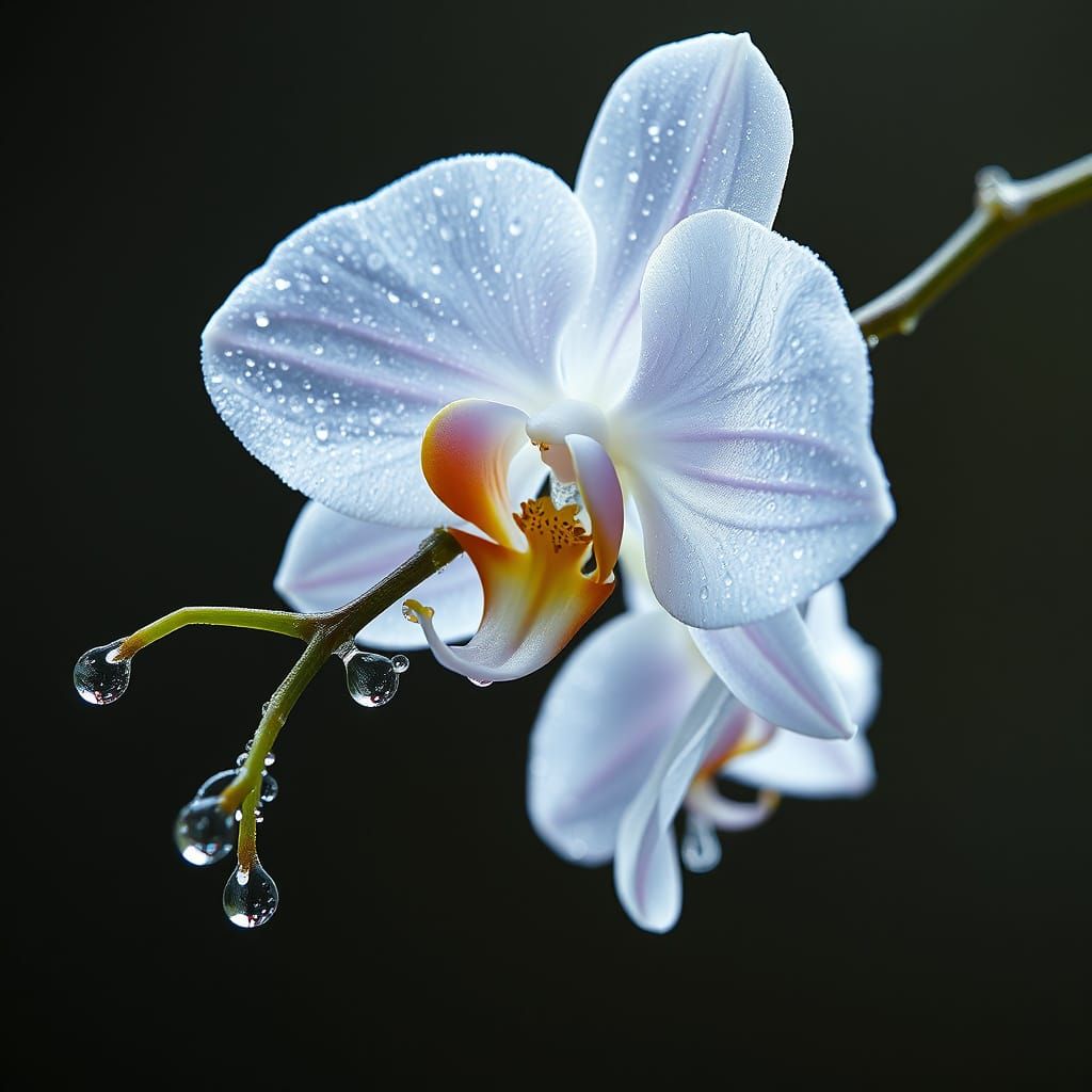 Delicate Water Droplet Orchid in Macro Photography Style