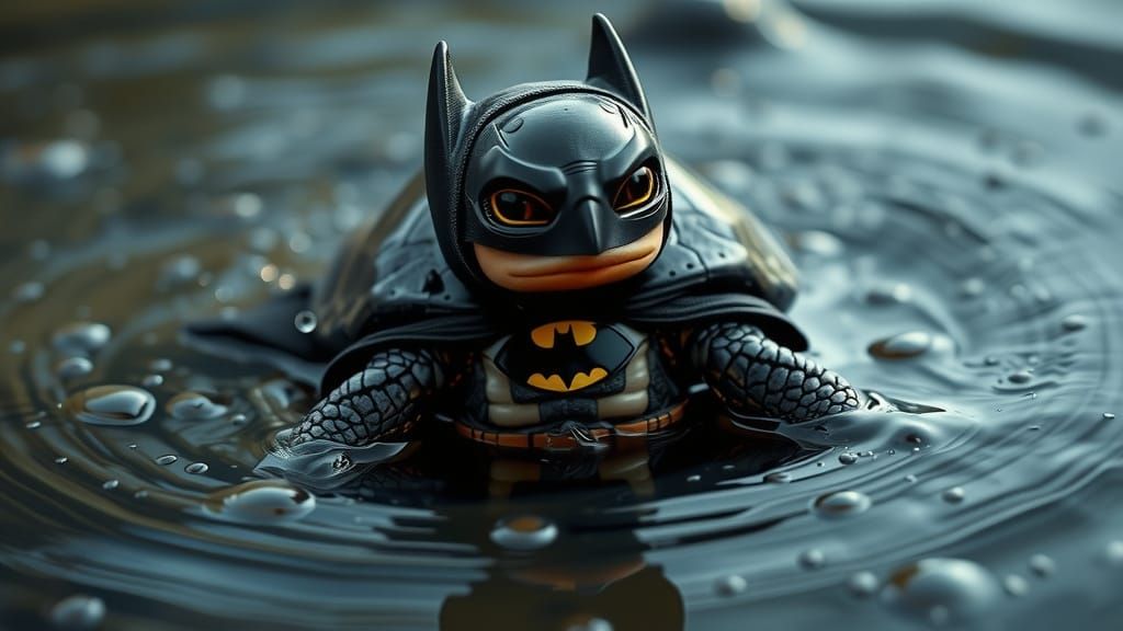 Surreal Turtle Posing in Batman Costume, Surrounded by Water...