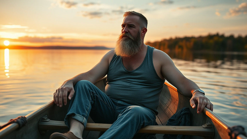 Charming Man on Lake at Sunset, Dreamy Photo
