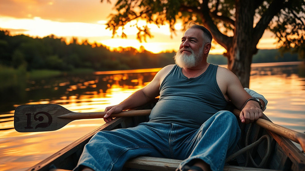 Man in Tree Boat at Sunset: Warm, Dreamy Light