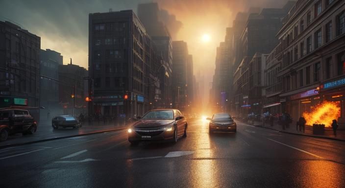 Fiery Heart Hero in Metallic City, Pixar Style