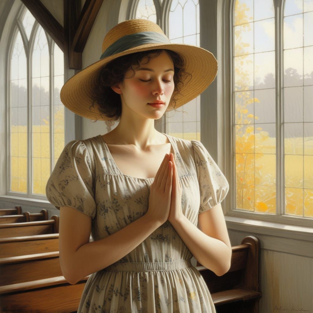 Serene Woman in Elegant Sunday Attire Prays in a Cozy Church...