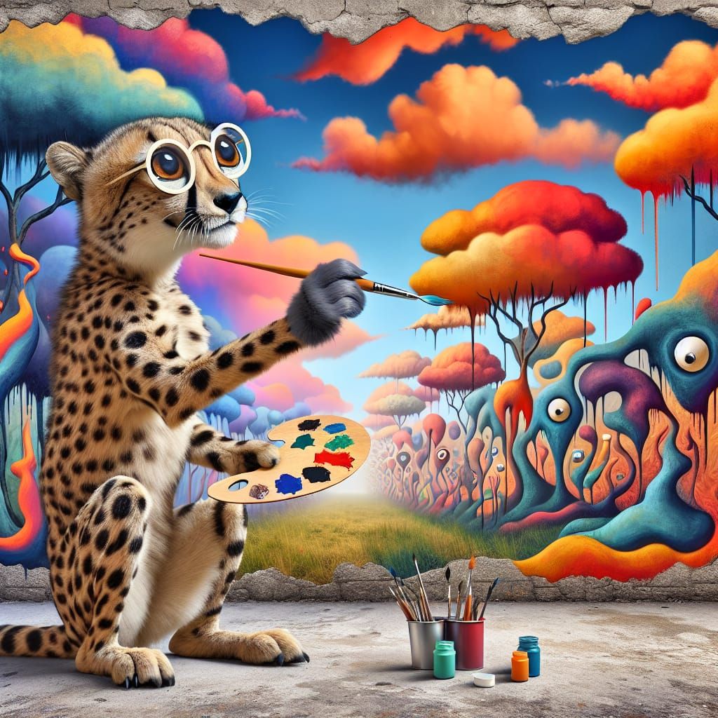 Expressive Cheetah Paints Vibrant Savannah Mural in Art Info...