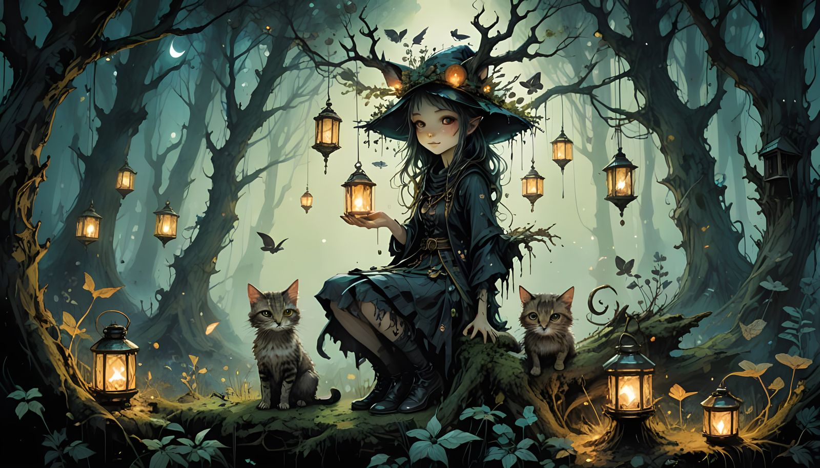 Whimsical Witch and Feline Friend Under a Glowing Magical Tr...