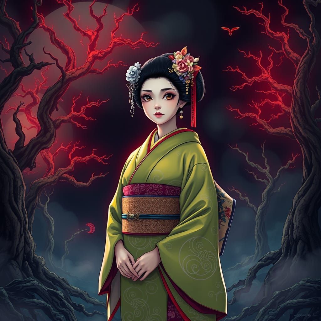 Maiko Geisha in Dreamlike Landscape, Anime Style