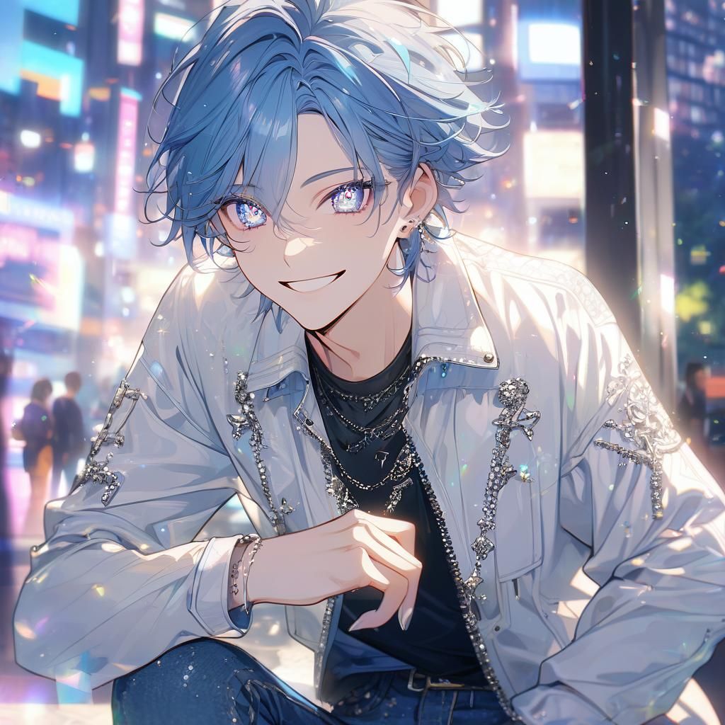 Anime Boy with Blue Hair and Glittery Eyes