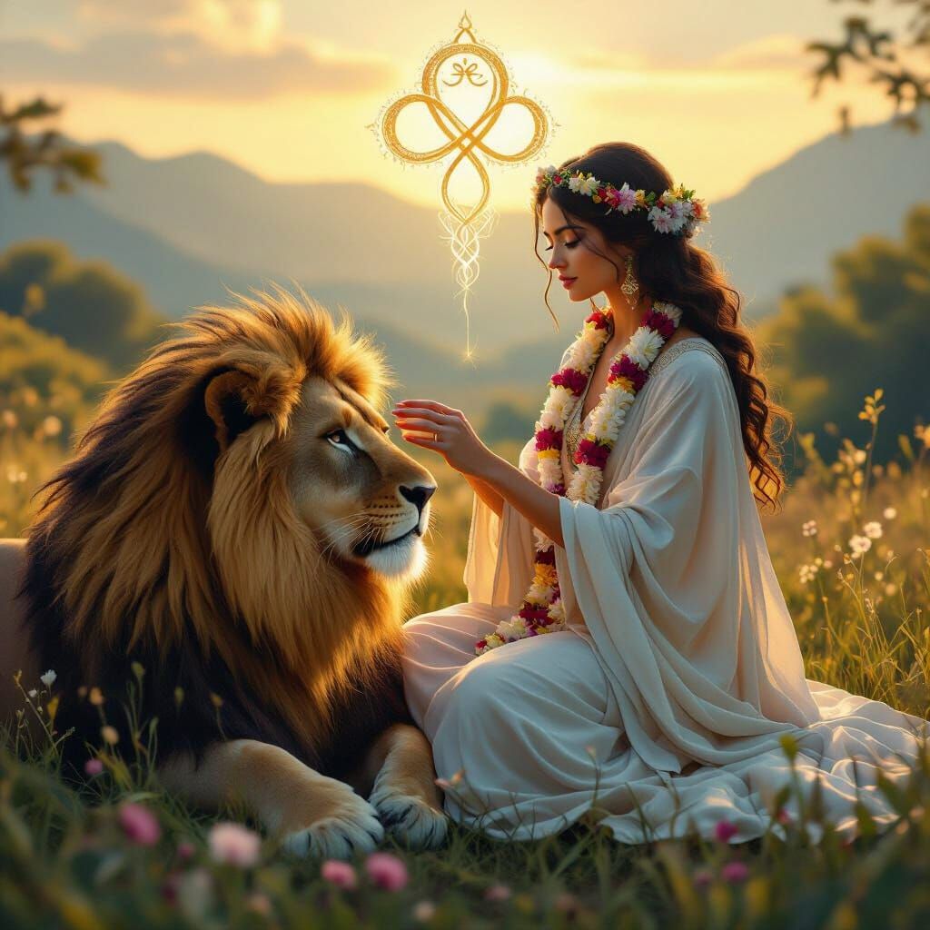 Woman Tames Lion Mystical Tarot Card Art