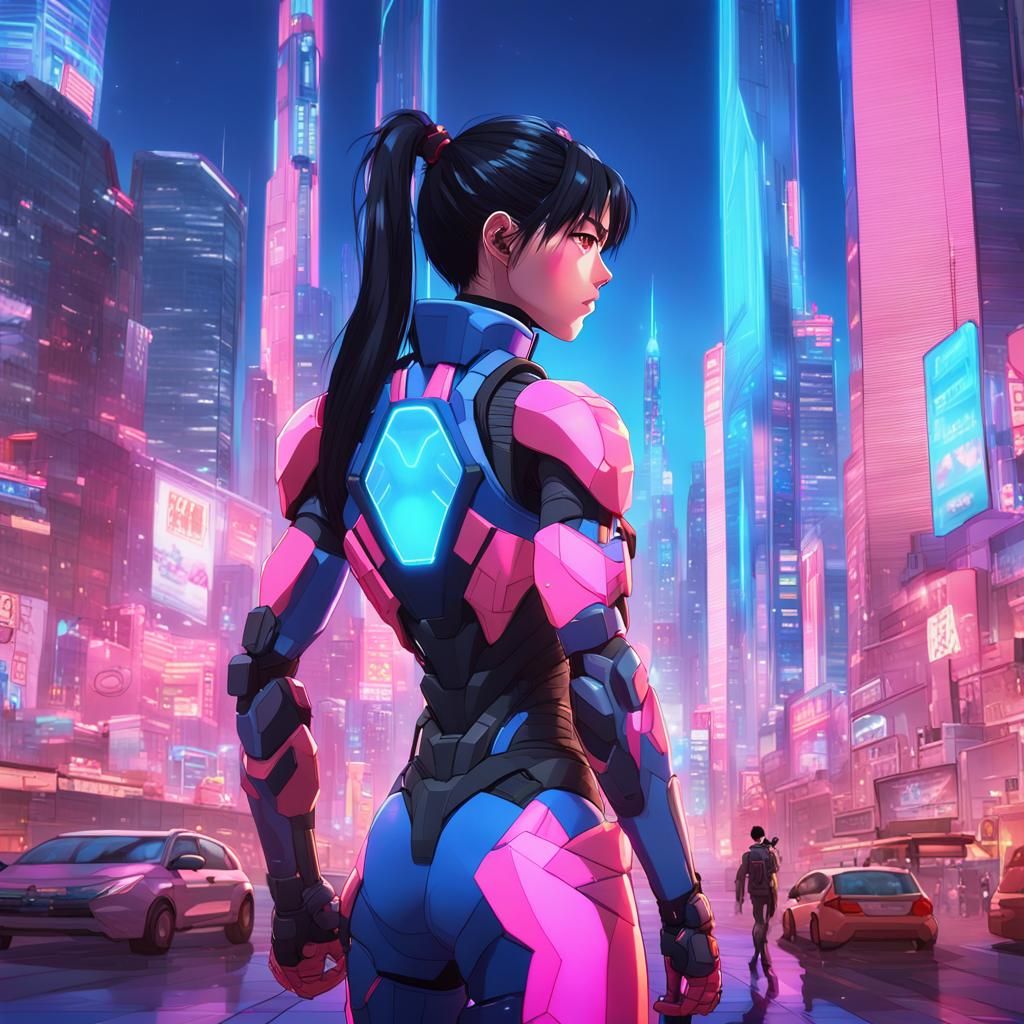 Anime Cyborg in Neon Cityscape