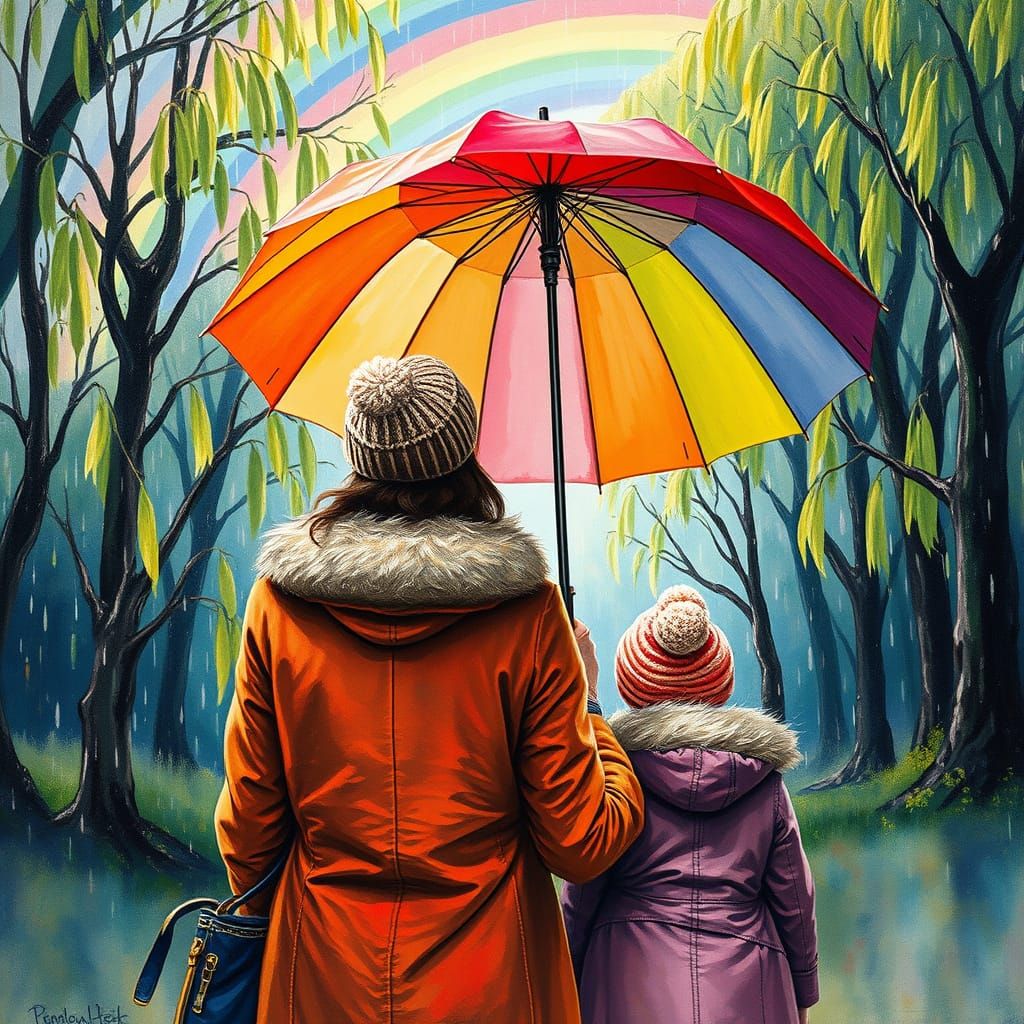 Mother and Daughter in Rainy Forest with Rainbow, Gouache Wa...