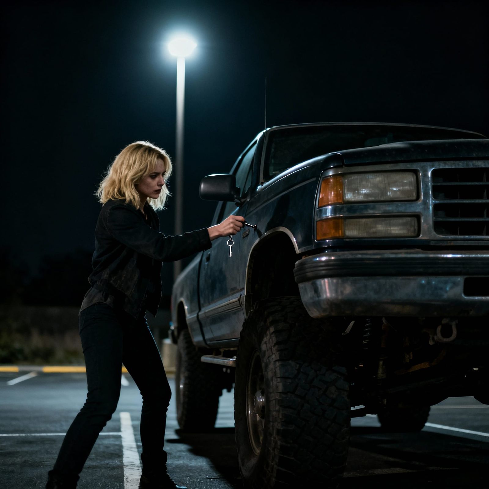 Woman Scratches Pickup Truck at Night in Moody Photo