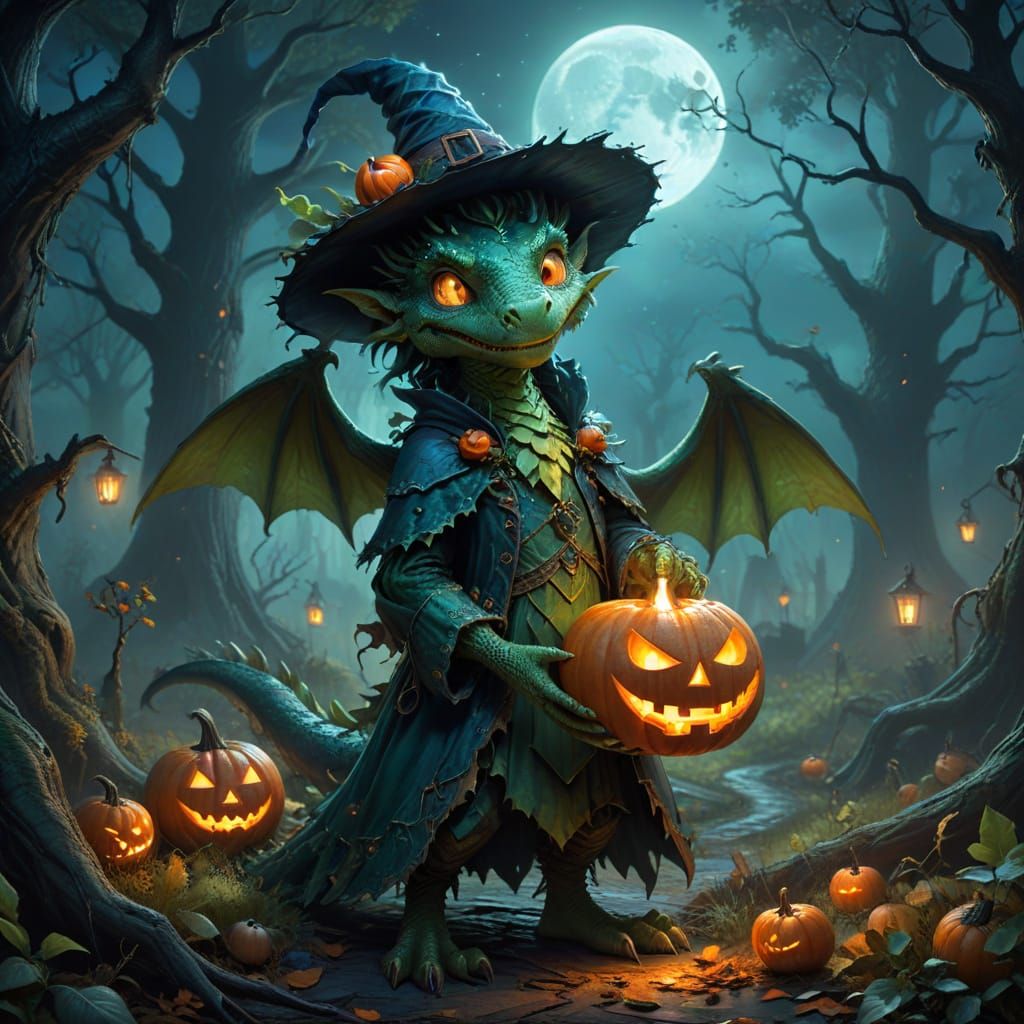 Friendly Green Dragon in Witch Costume with Jack-o'-Lantern